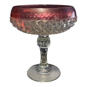 Iridescent Cranberry - Pink Edge Diamond Point Indiana Glass with Pedestal 1950